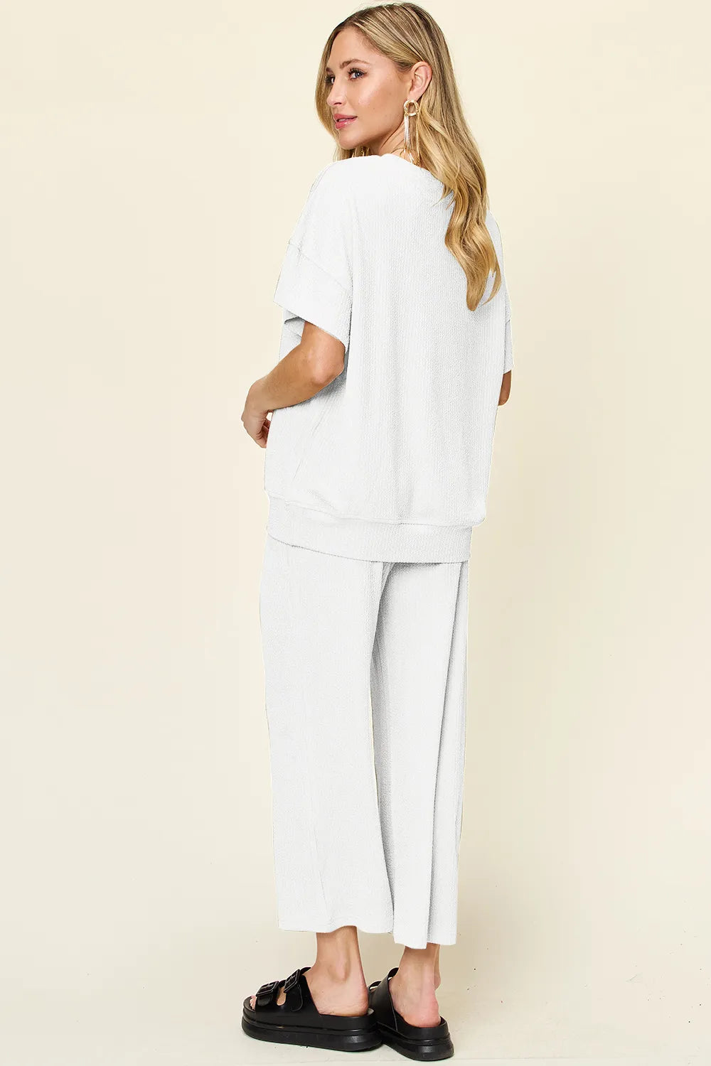 Double Take Full Size Texture Round Neck Short Sleeve T-Shirt and Wide Leg Pants - kinko