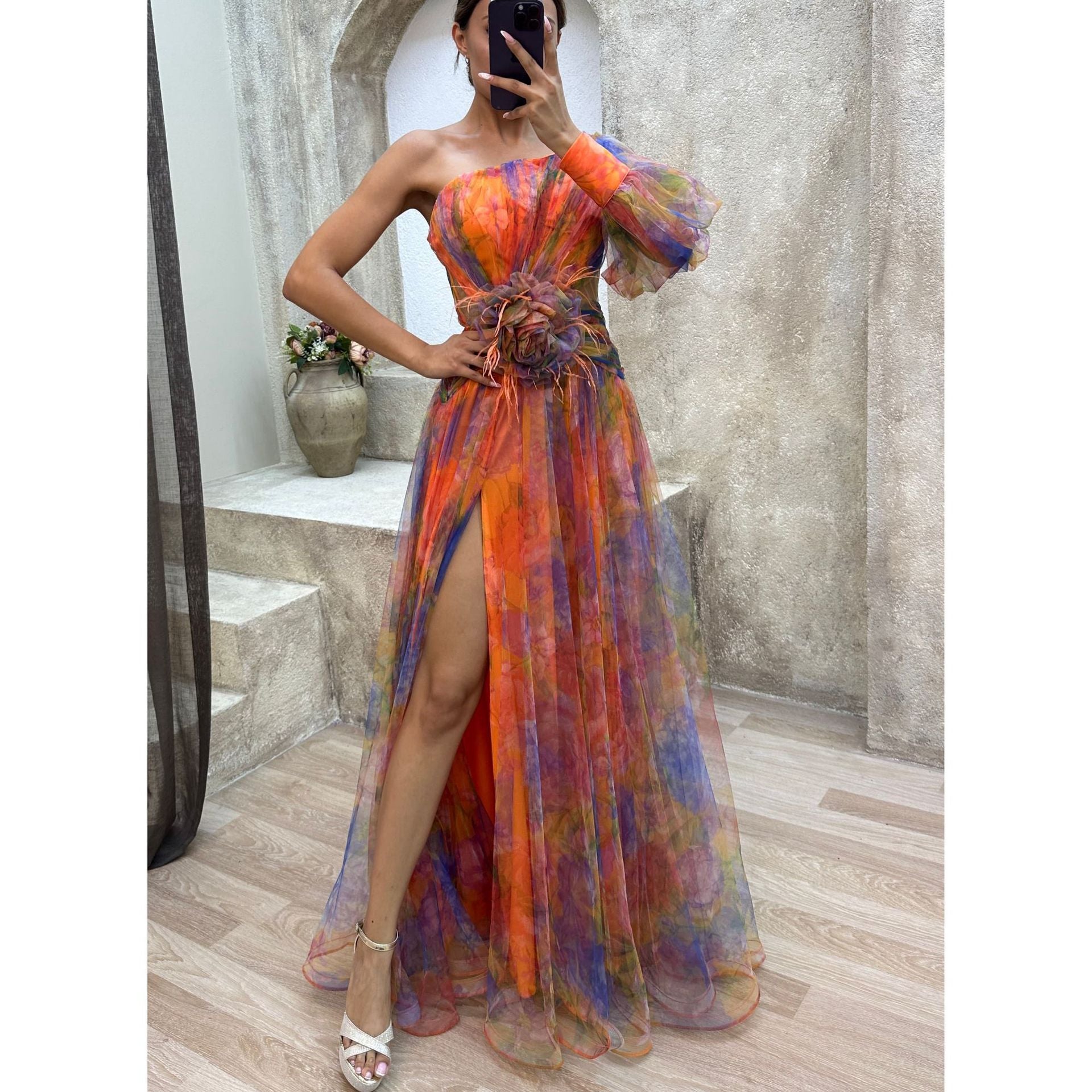 New Party Mesh Slanted Shoulder Dress INS Casual And Fashionable Women's Long Skirt - kinko