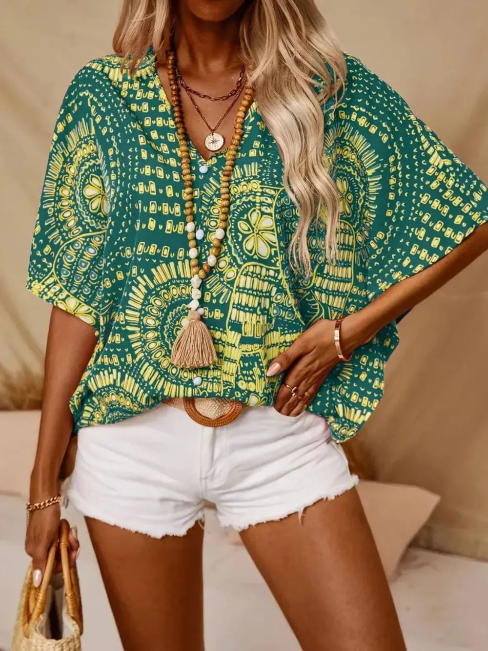 Printed V-Neck Half Sleeve Top - kinko
