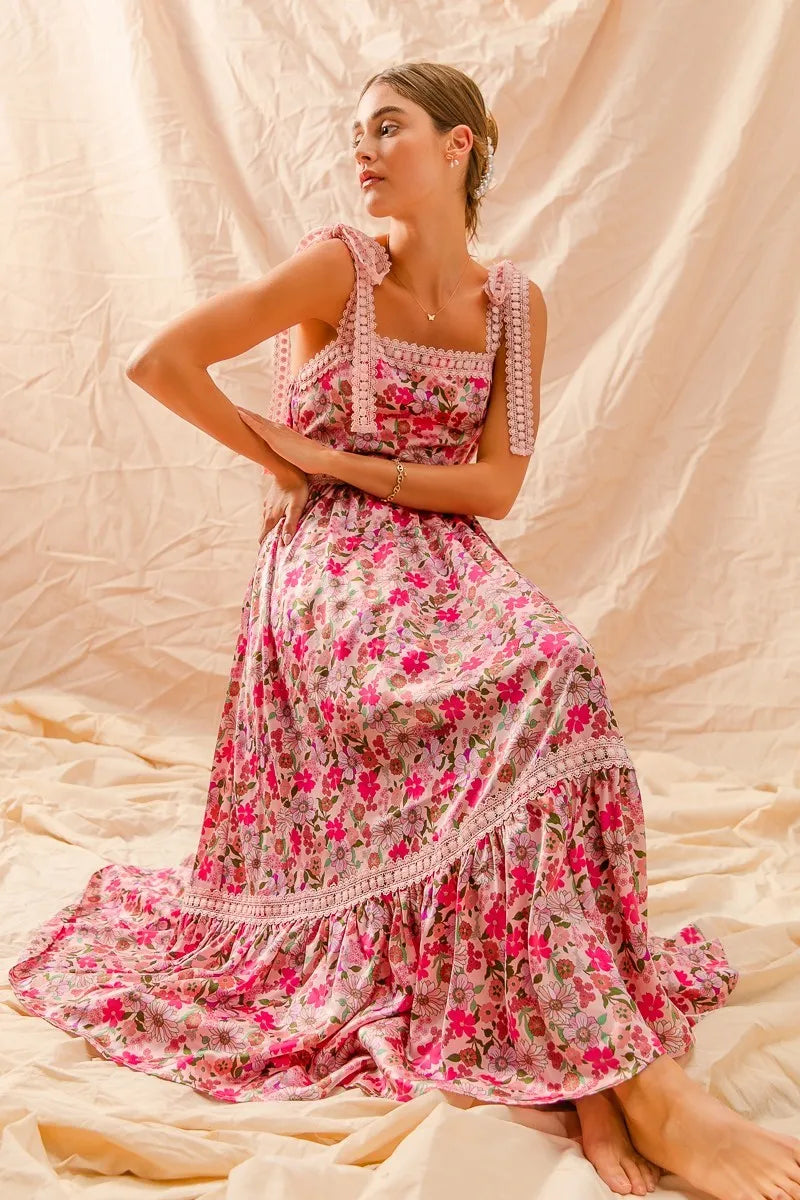 SO ME Floral Maxi Dress With Ribbon Tie Lace Strap - kinko