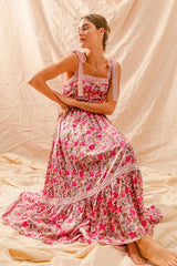 SO ME Floral Maxi Dress With Ribbon Tie Lace Strap - kinko