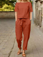 Full Size Round Neck Short Sleeve Top and Pants Set Plus Size - kinko