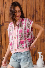 SO ME Button Front Floral and Stripe Knitted Sweater Vest - kinko