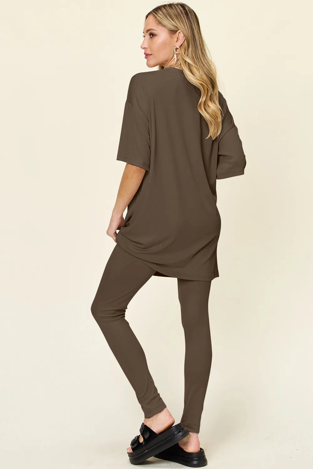 Double Take Full Size Round Neck Dropped Shoulder T-Shirt and Leggings Set - kinko