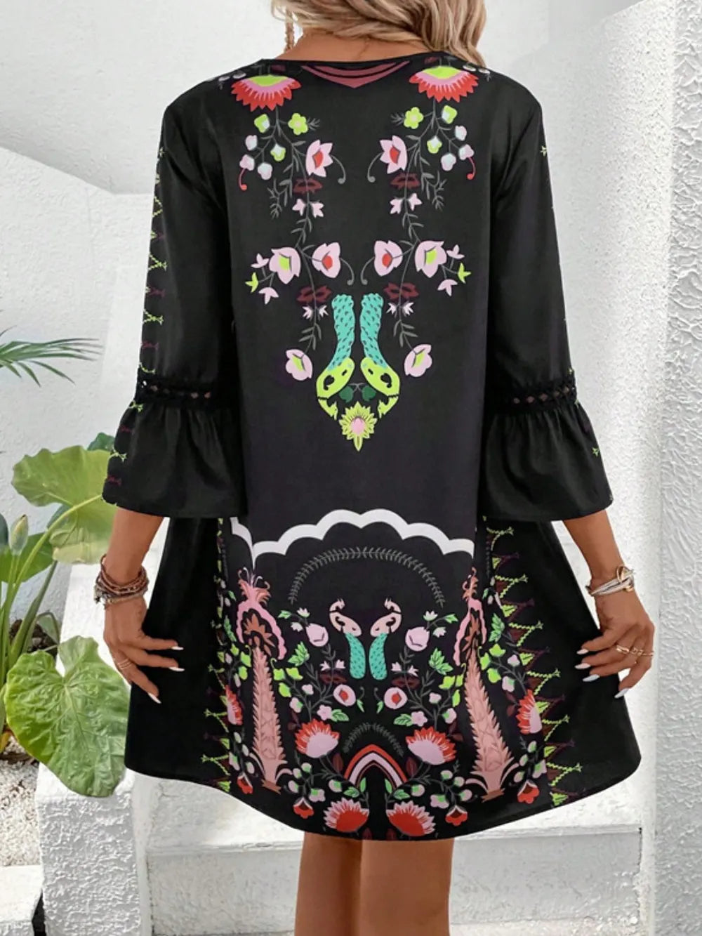Lace Detail Printed Three-Quarter Sleeve Dress - kinko