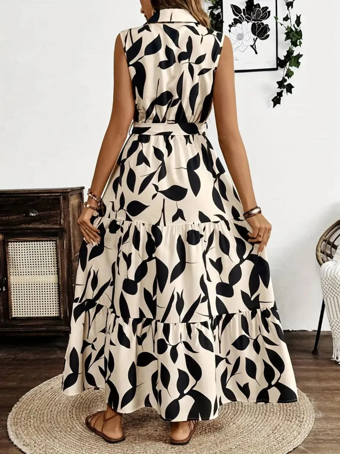 Printed Tie Waist Sleeveless Maxi Dress - kinko
