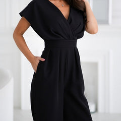 V-neck Solid Color Waist Tight Jumpsuit - kinko