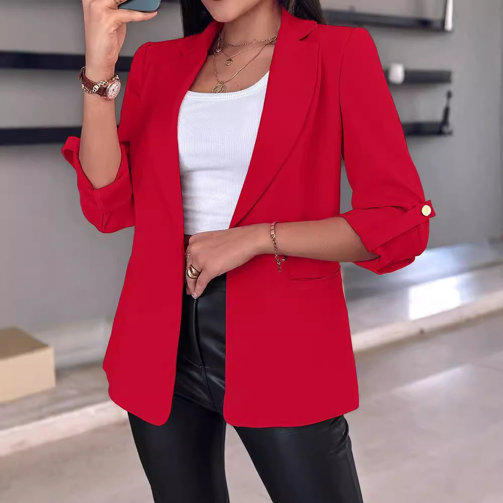 Women's Casual Rolled Sleeves Blazer With Pockets - kinko
