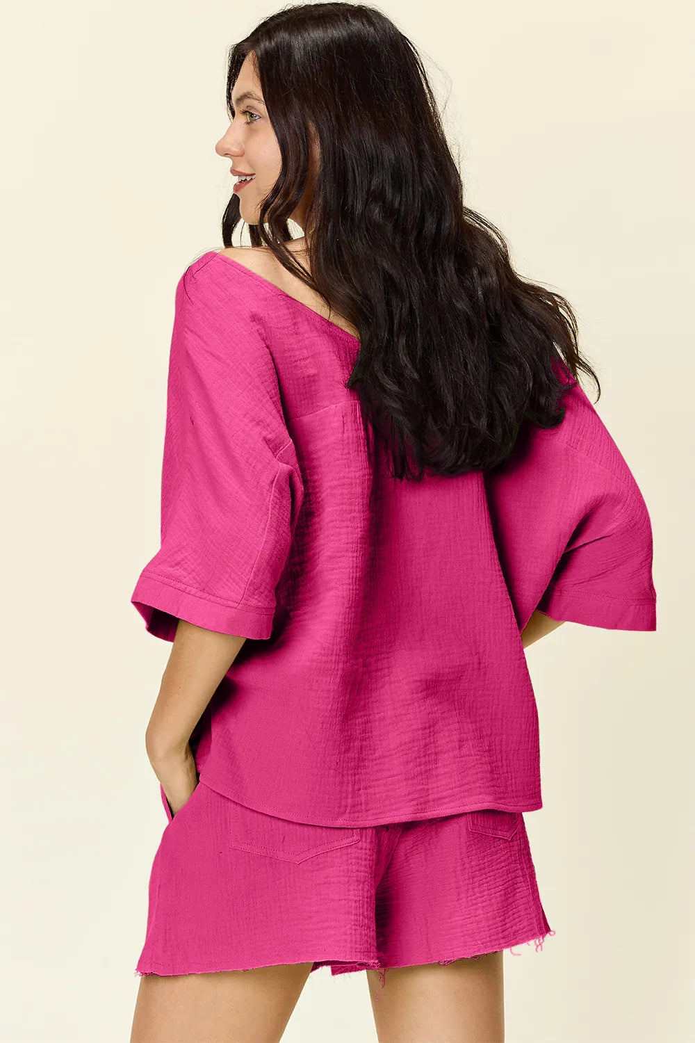 Double Take Texture Half Sleeve T-Shirt and Drawstring Shorts Set - kinko