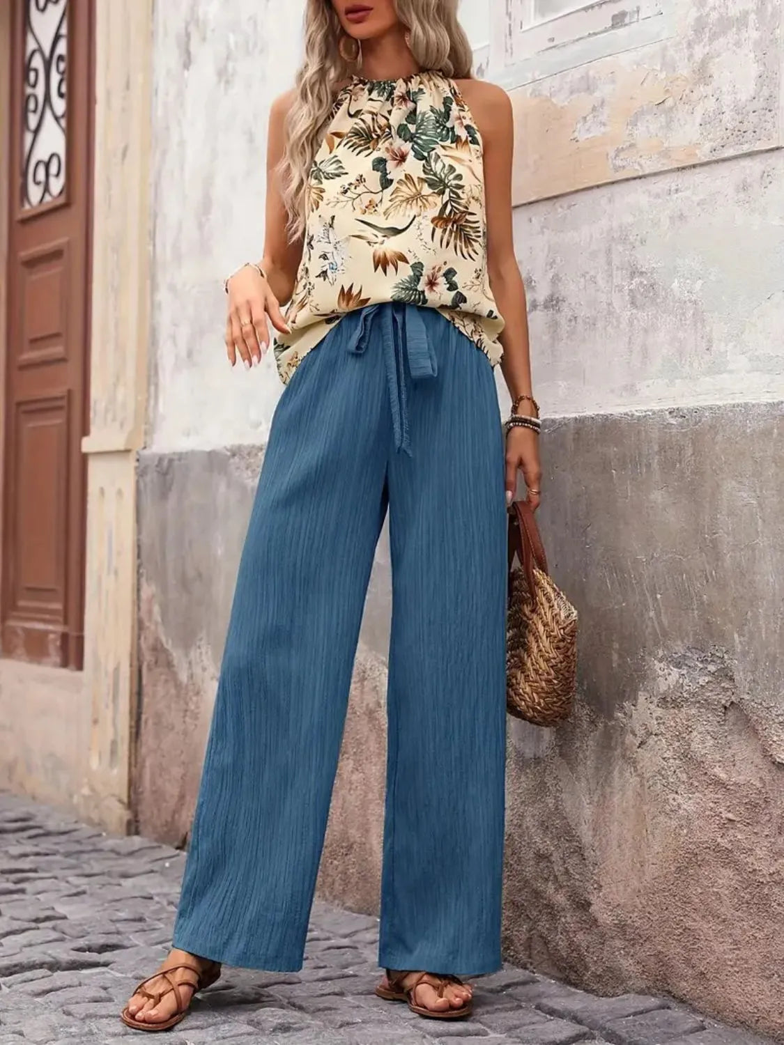 Printed Tank Top and Wide Leg Pants Set - kinko