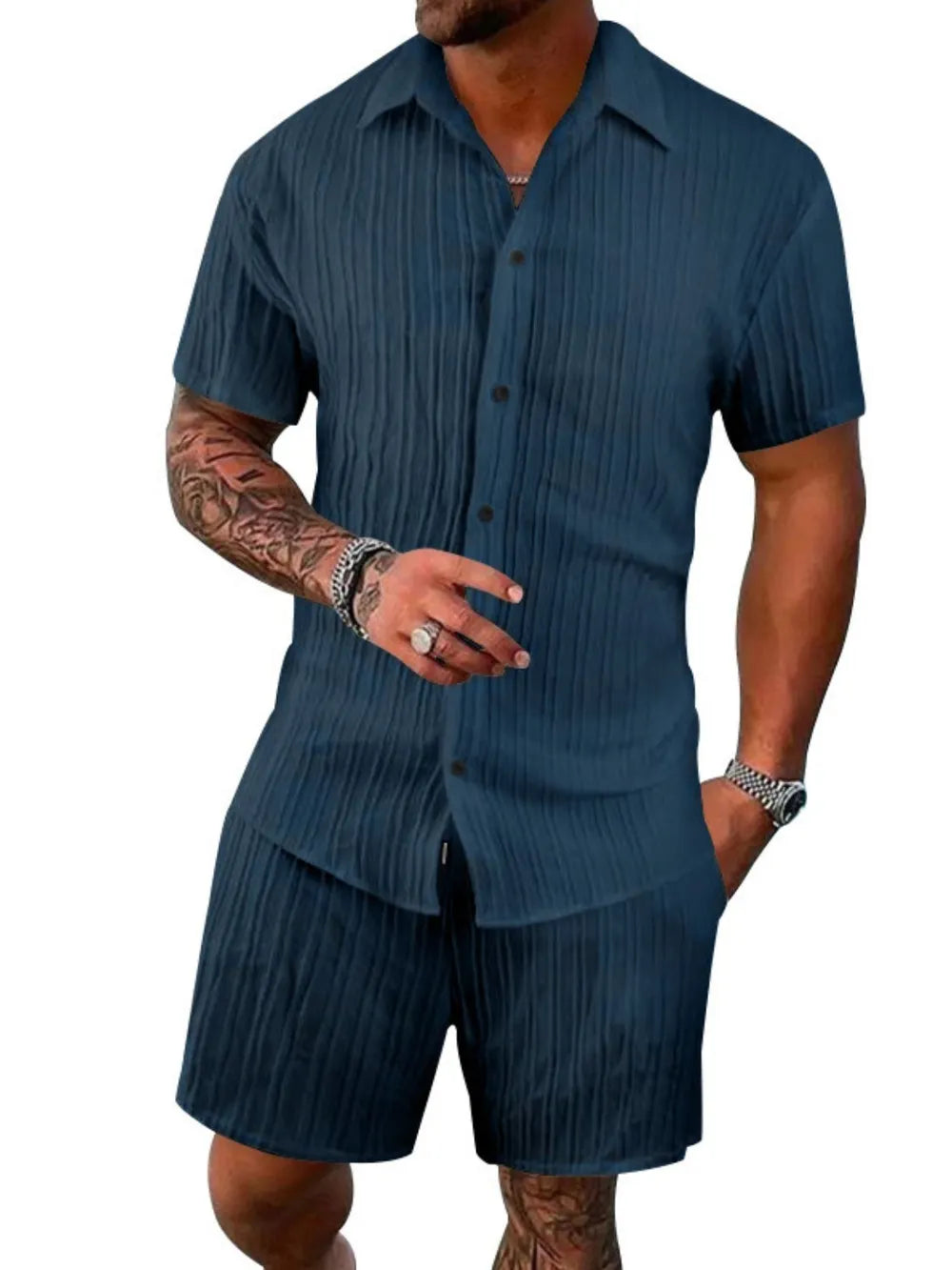 Men's Full Size Button Down Short Sleeve Shirt and Shorts Set Plus Size - kinko