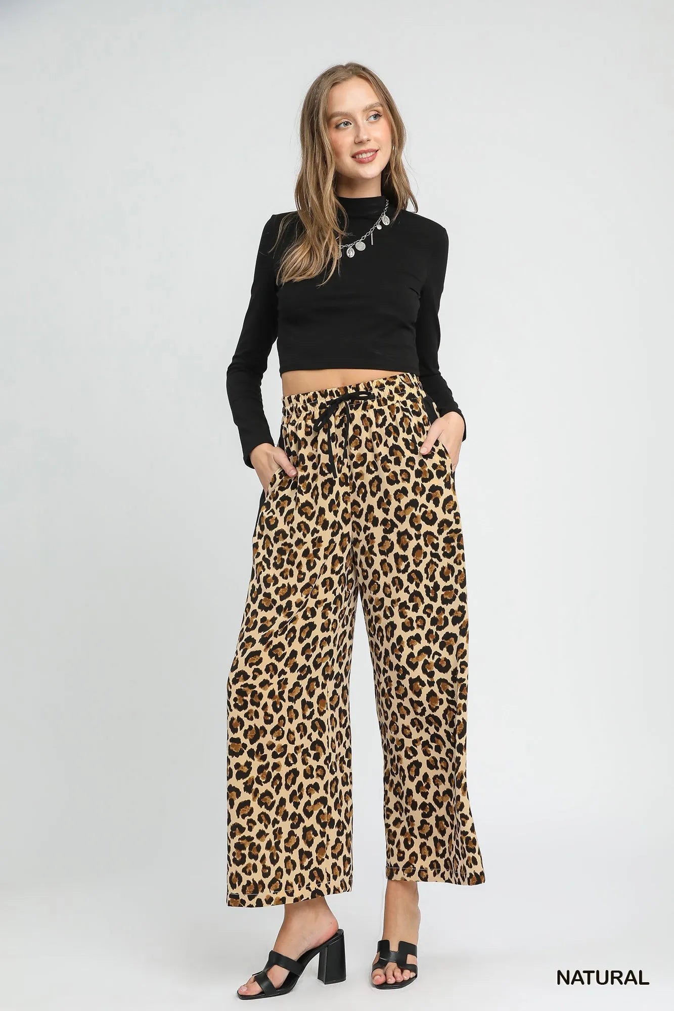 Umgee Leopard Print Wide-Leg Drawstring Pants - kinko