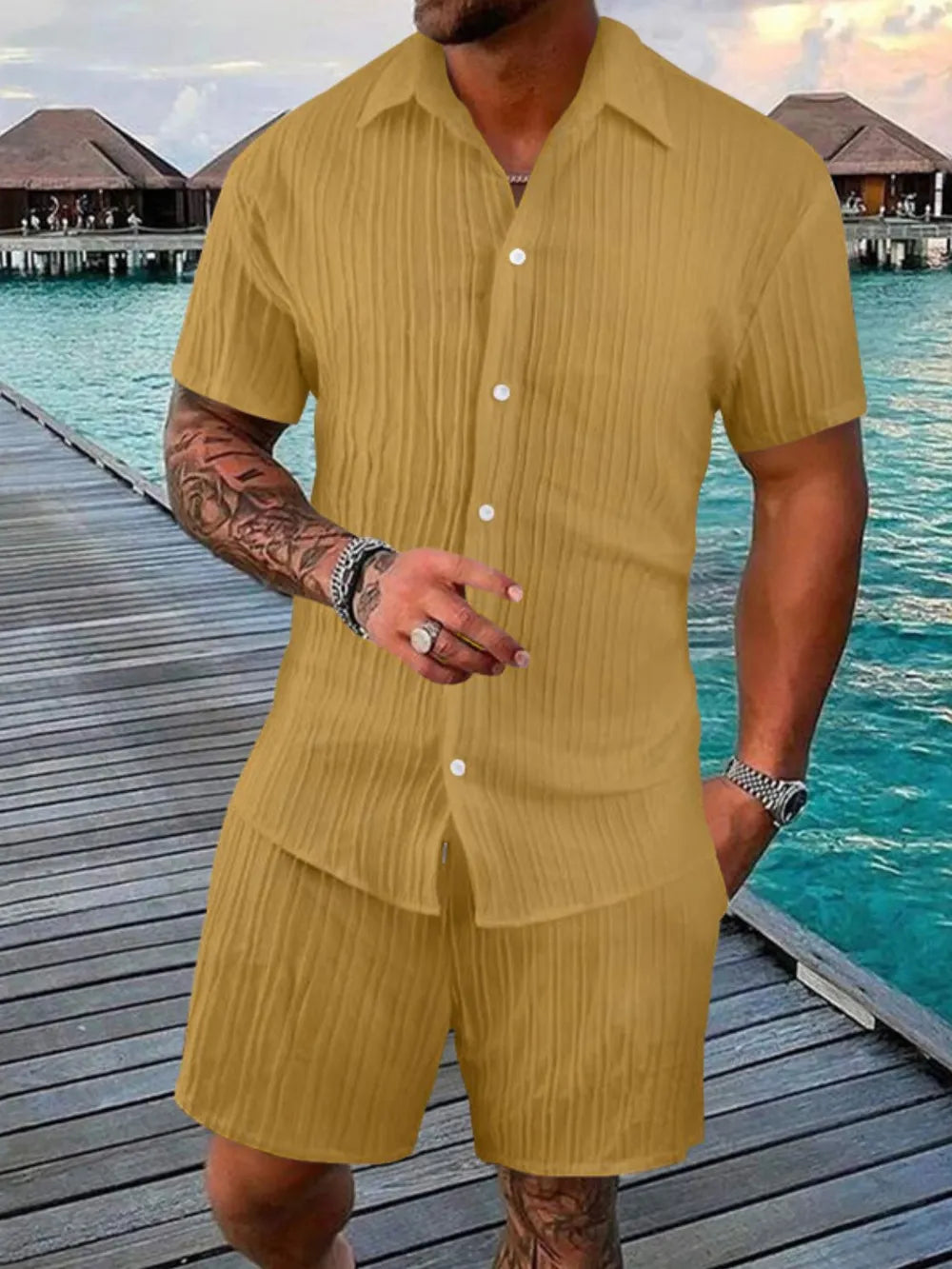 Men's Full Size Button Down Short Sleeve Shirt and Shorts Set Plus Size - kinko