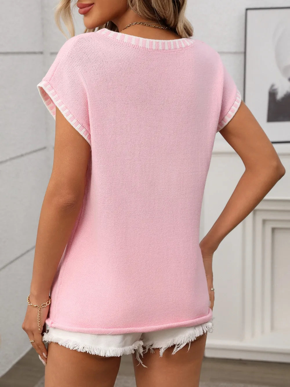 Contrast Trim V-Neck Short Sleeve Knit Top - kinko