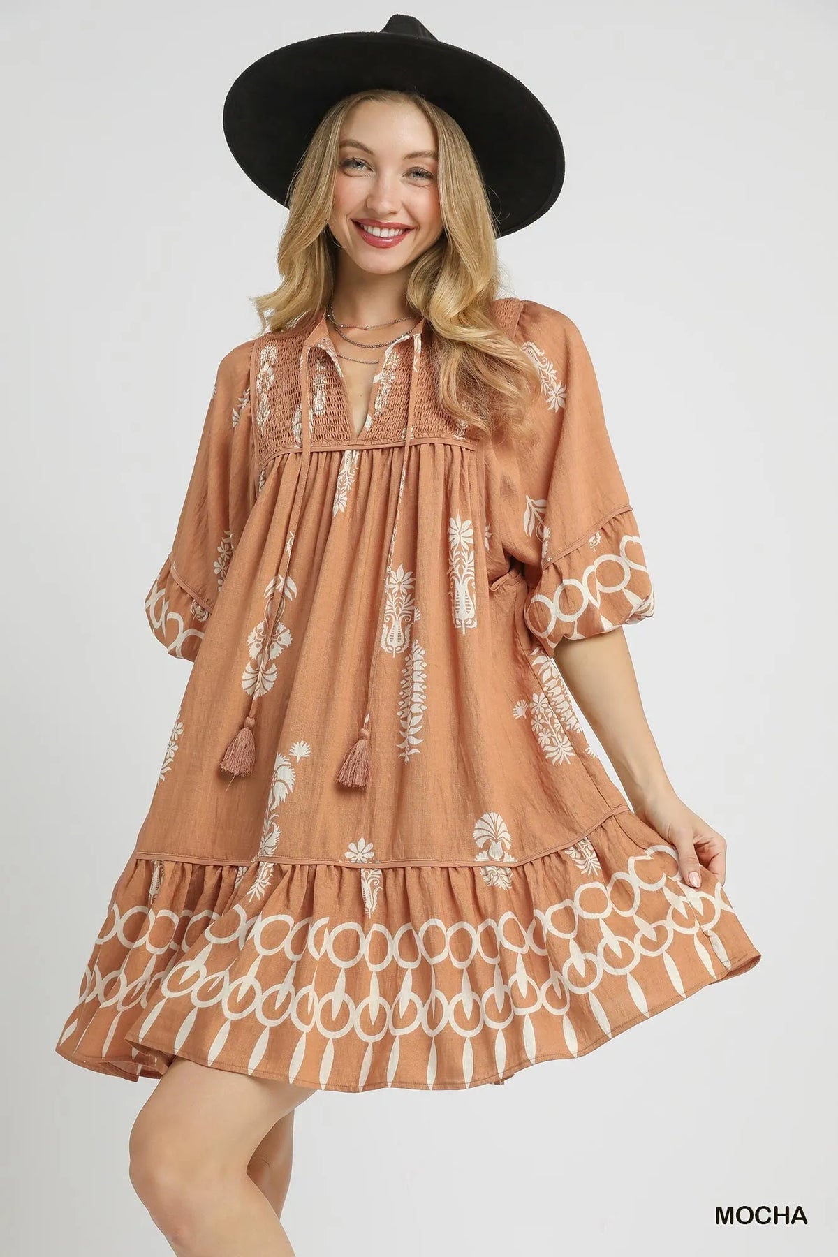 Umgee Boarder Print Tassel Tie Neck Mini Dress - kinko