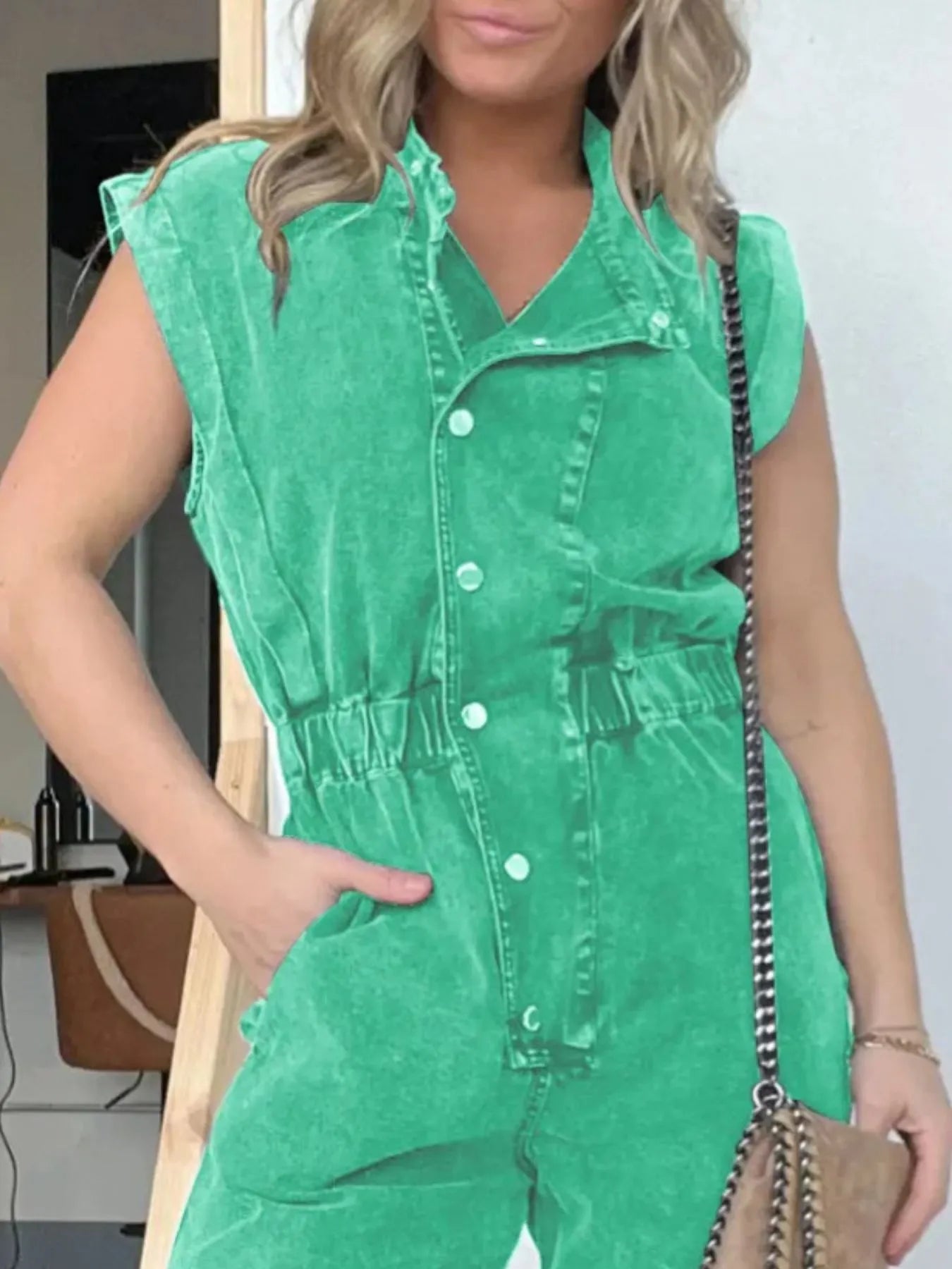 Full Size Button Front Cap Sleeve Denim Jumpsuit Plus Size - kinko