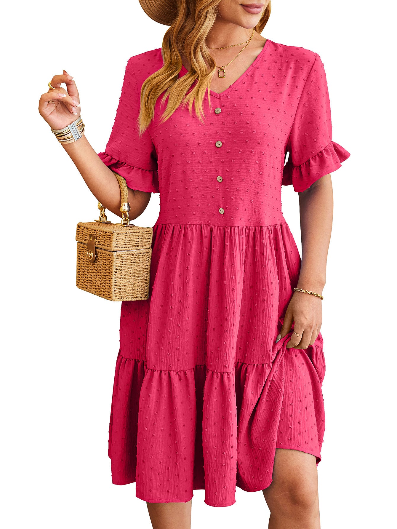New V-neck Ruffle Short-sleeved Dress Summer Casual Fashion Button Jacquard Design Pleated Dresses Solid Color Womens Clothing - kinko