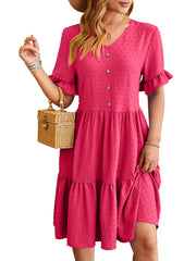 New V-neck Ruffle Short-sleeved Dress Summer Casual Fashion Button Jacquard Design Pleated Dresses Solid Color Womens Clothing - kinko