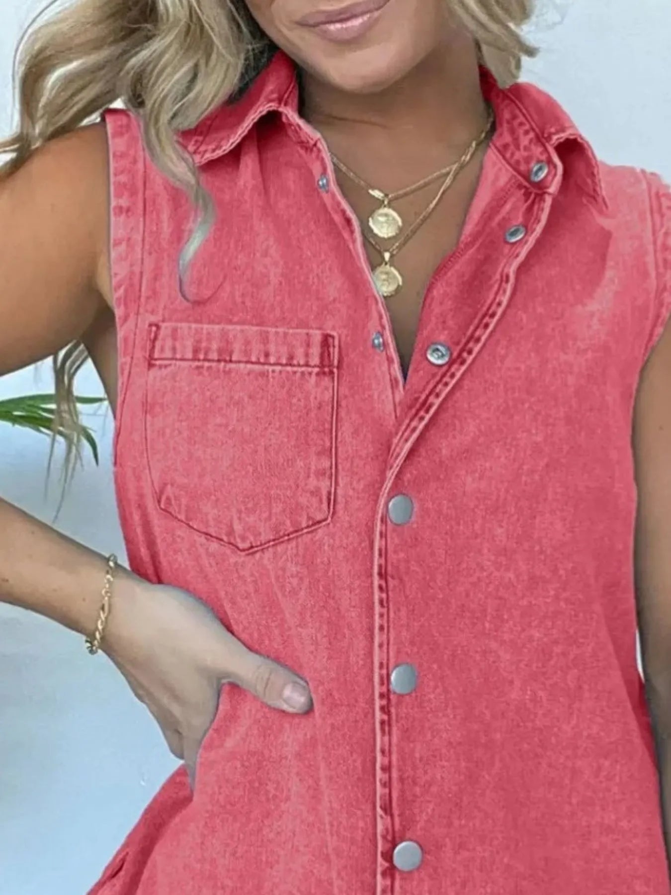 Button Front Sleeveless Denim Romper - kinko