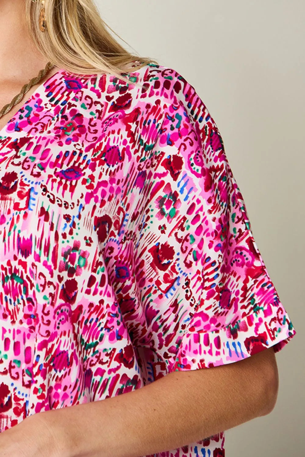 Double Take Full Size Printed V-Neck Short Sleeve Blouse - kinko