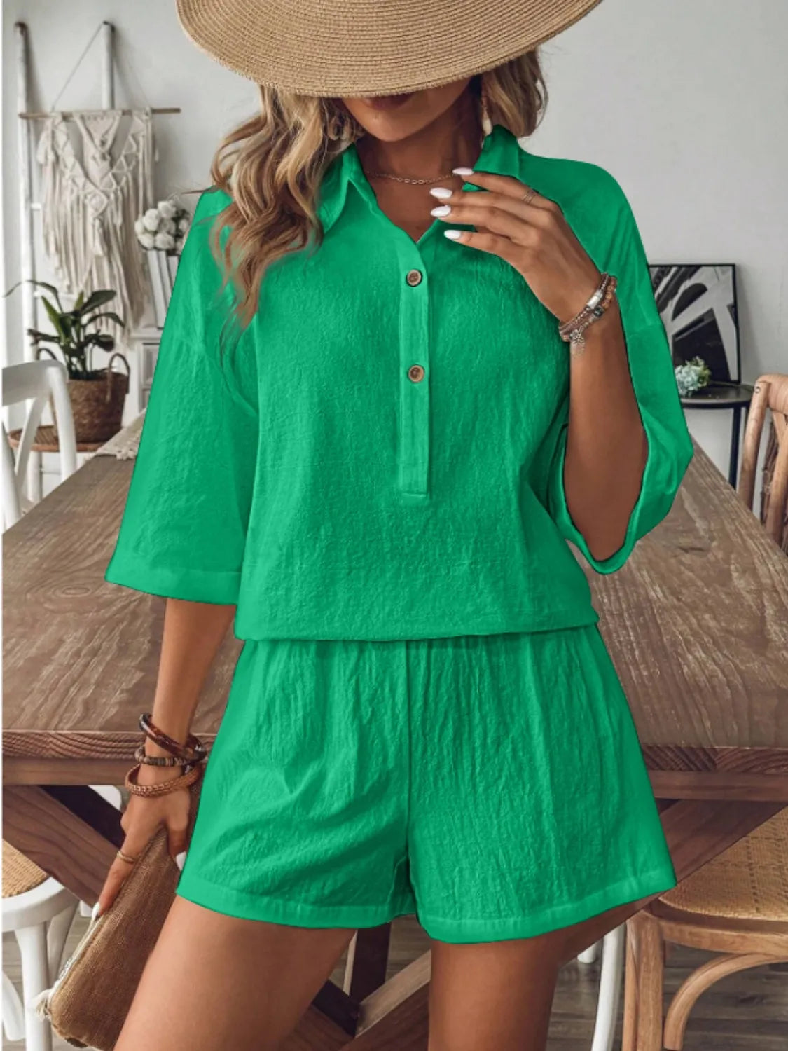 Collared Neck Half Sleeve Top and Shorts Set - kinko