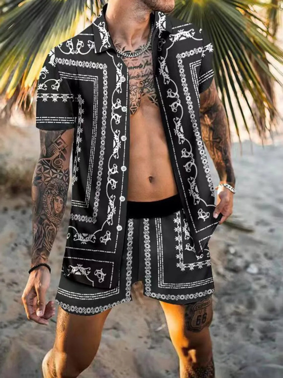 Men's Full Size Printed Collared Neck Short Sleeve Top and Shorts Set Plus Size - kinko