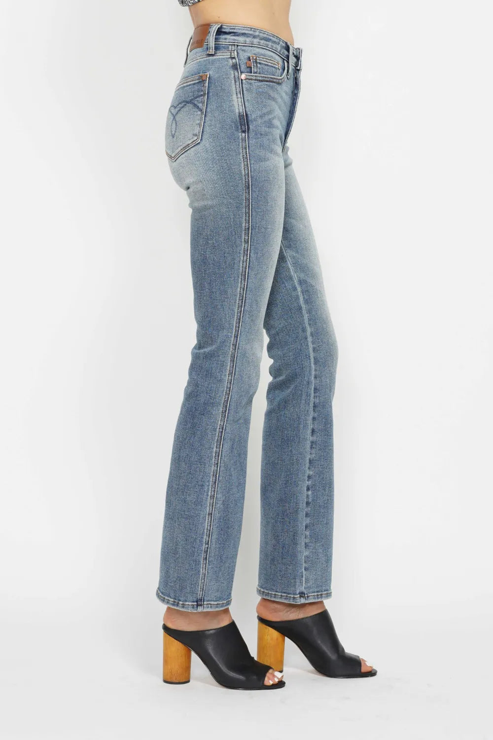 Judy Blue Full Size Tummy Control Back Embroidered Pocketed Bootcut Jeans Plus Size - kinko