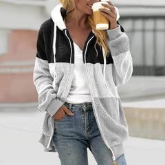 Loose Plush Multi-color Mosaic Hooded Coat - kinko