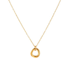 Delicate gold-plated necklace with three interlocking circle rings forming a minimalist knot pendant on cream background