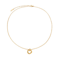 Delicate gold-plated necklace with three interlocking circle rings forming a minimalist knot pendant on cream background