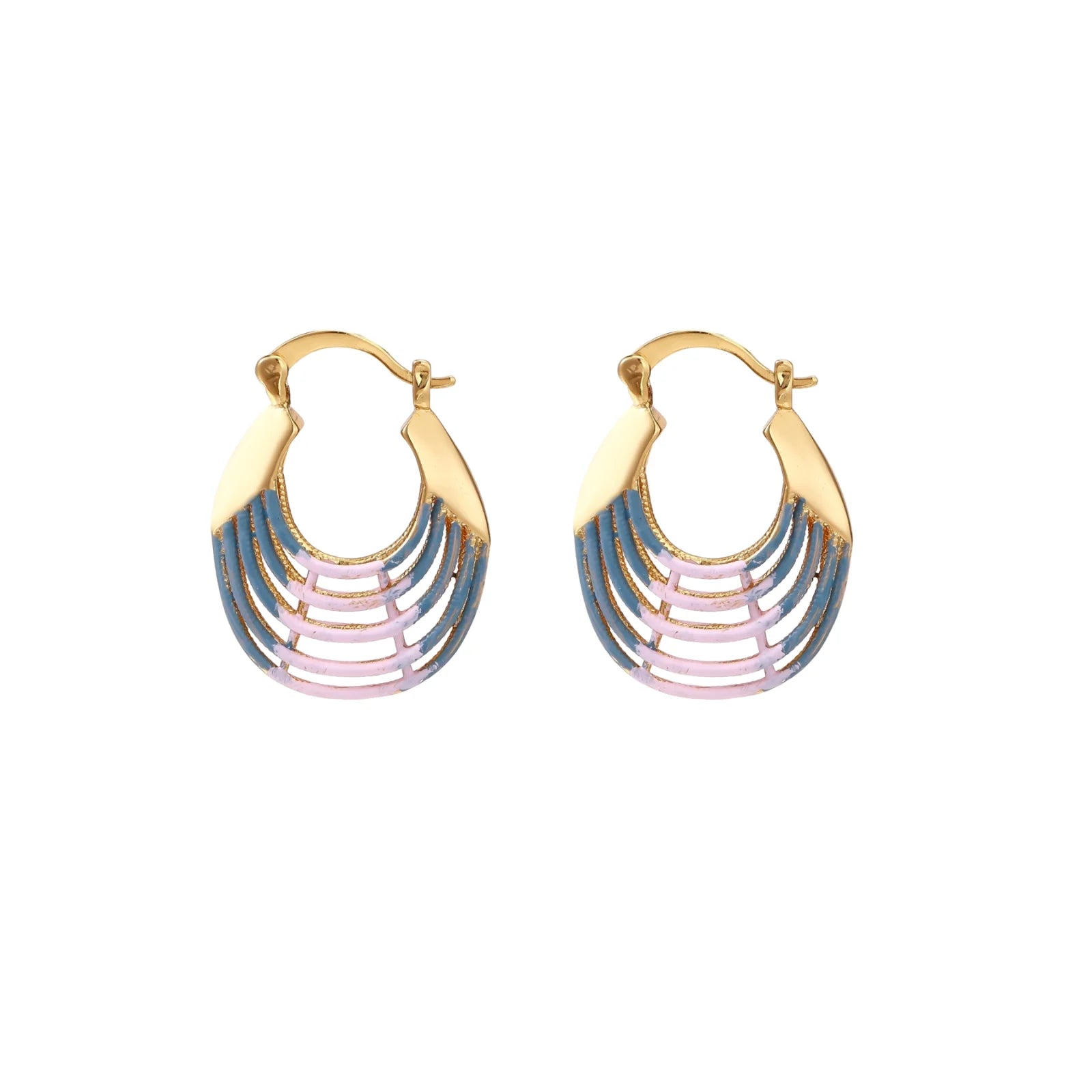 Gold hoop earrings with gradient blue-to-pink enamel in ribbed fan design on beige background
