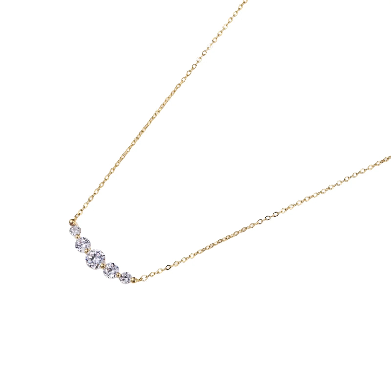 Delicate 14K gold-plated necklace with five graduated zirconia stones arranged in a curved arc on fine chain