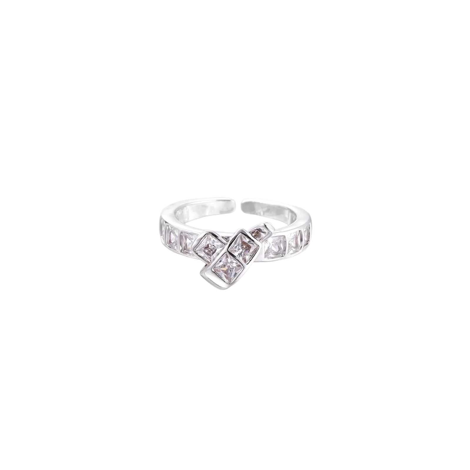 White gold plated adjustable ring featuring offset square cubic zirconia stones in an architectural stacked design