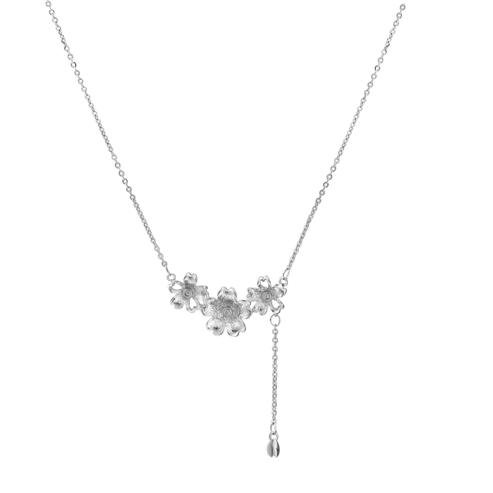 White gold plated Y-shaped necklace with three dimensional flower charms and adjustable drop pendant