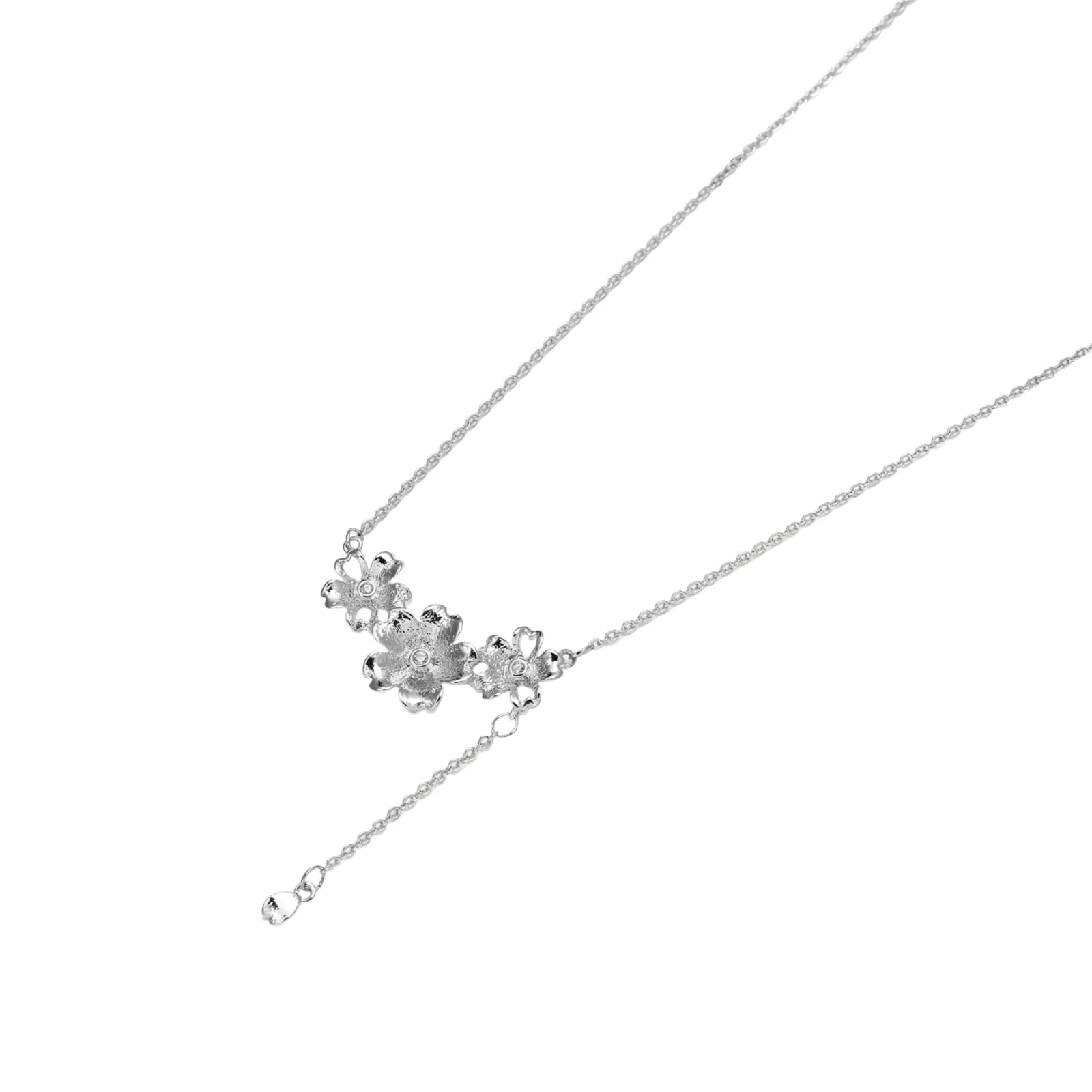White gold plated Y-shaped necklace with three dimensional flower charms and adjustable drop pendant