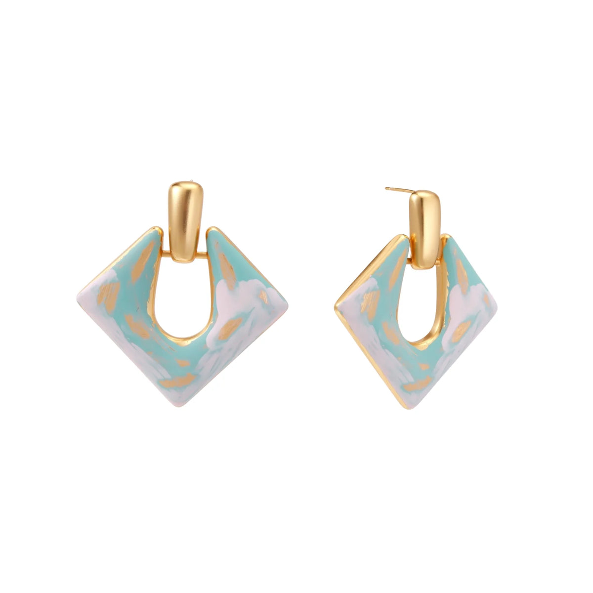Geometric square enamel earrings with marbled turquoise and lavender pattern, gold U-shaped connector on cream background.