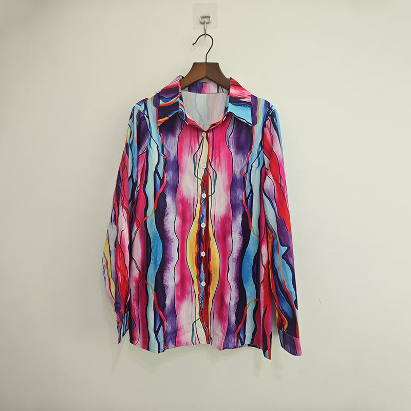 Women's Lapel Collar Printed Long Sleeve Shirt - Vibrant Colorful Pattern Button-Up Blouse Stylish Spring&Summer Vacation Top - kinko