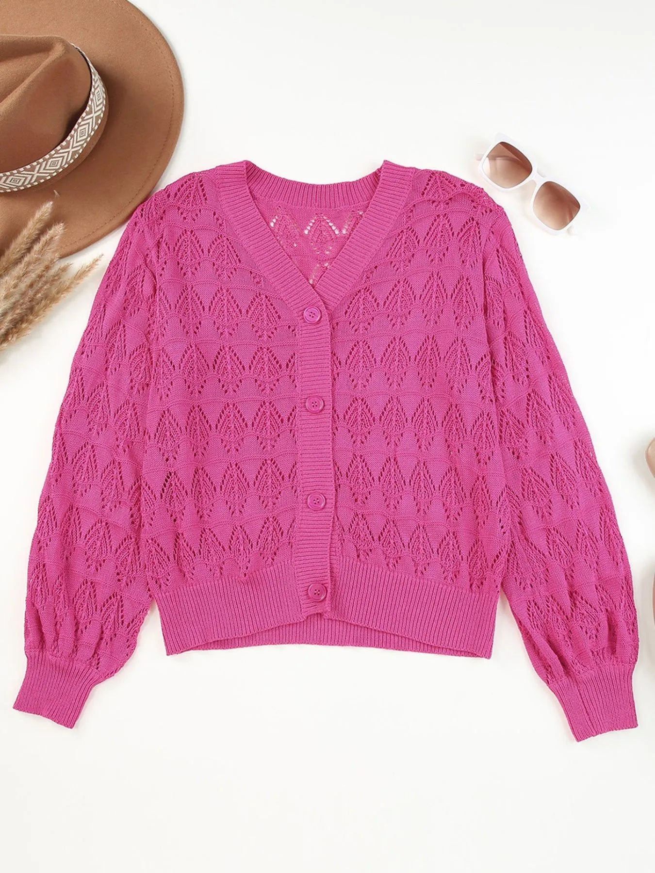 Buttoned Front Openwork Cardigan - kinko
