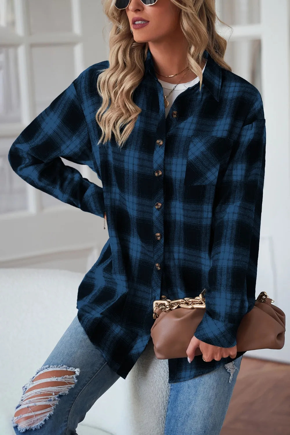 Plaid Button Up Dropped Shoulder Outerwear - kinko