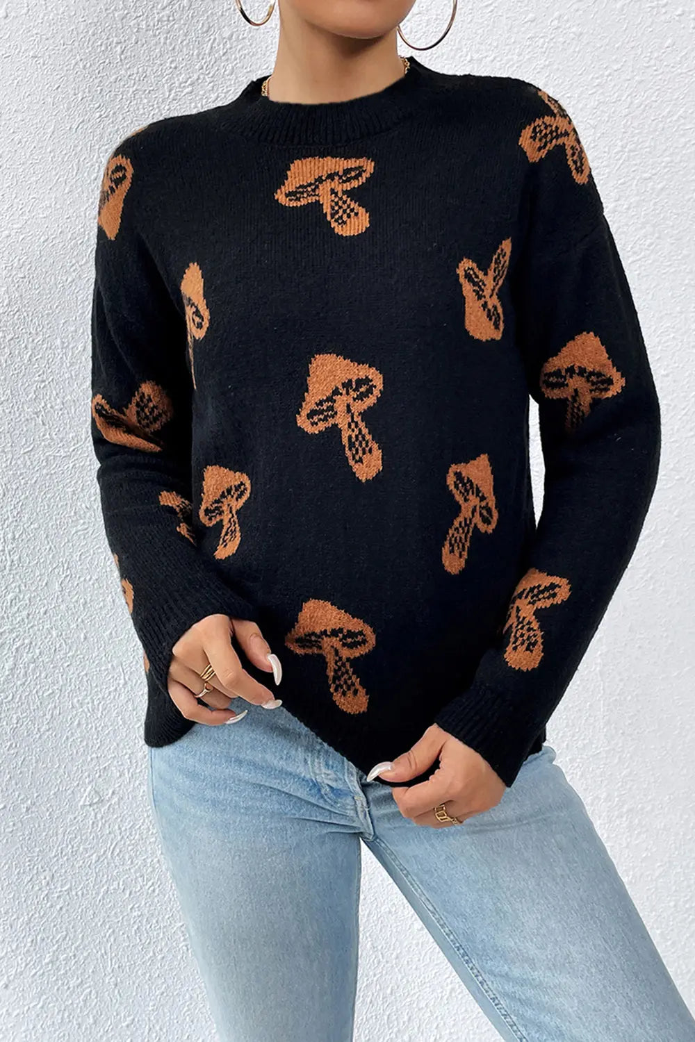 Graphic Mock Neck Dropped Shoulder Sweater - kinko