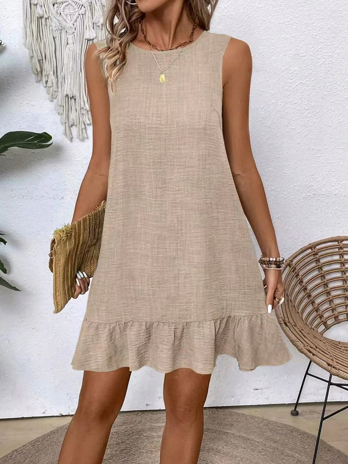 Ruffled Hem Round Neck Sleeveless Dress - kinko