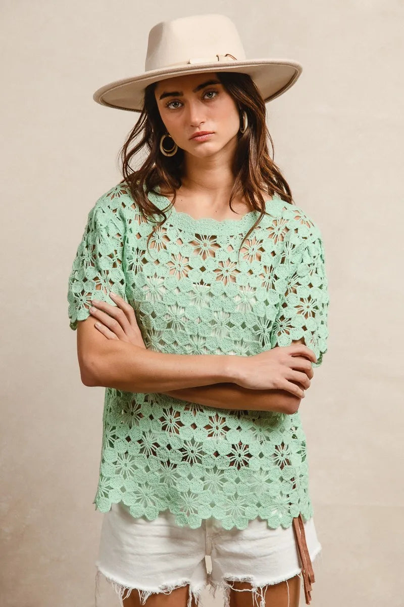 BiBi Openwork Crochet Short Sleeve Knit Top - kinko