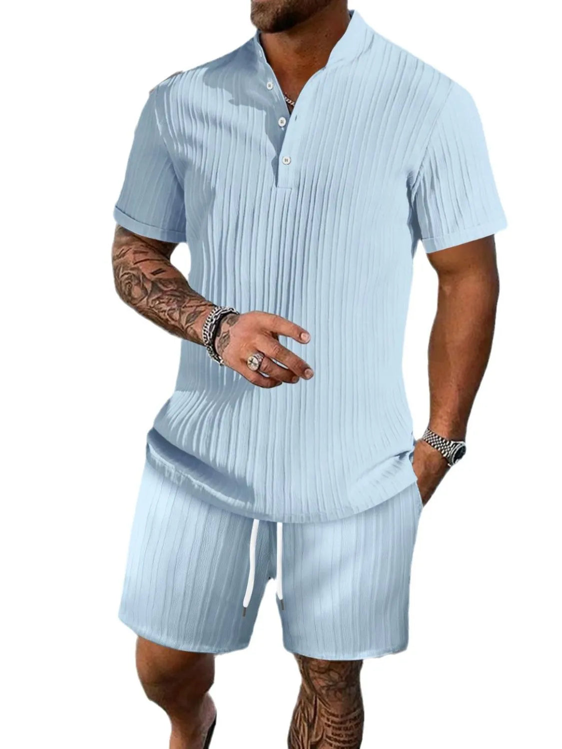 Men's Full Size Button Detail Short Sleeve Top and Shorts Set Plus Size - kinko