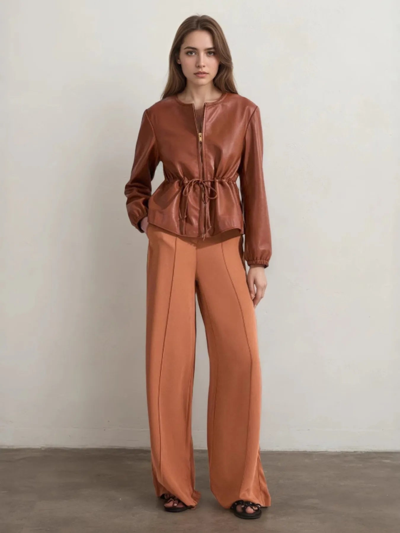 Drawstring Zip Up Leather Jacket - kinko