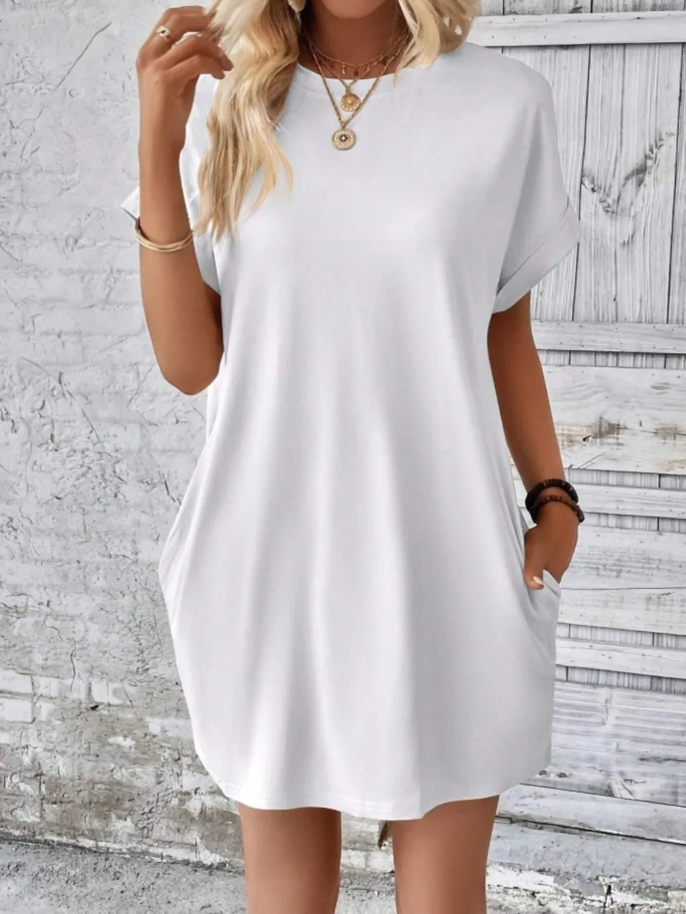 Pocketed Round Neck Short Sleeve Dress - kinko