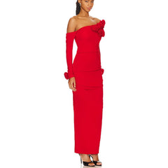 Three-dimensional Flower Slanted Shoulder Long Sleeved Dress - kinko