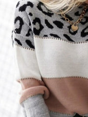 Leopard Color Block Round Neck Long Sleeve Sweater - kinko
