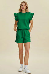 Double Take Full Size Texture Round Neck Ruffle Sleeve Top and Shorts Set - kinko