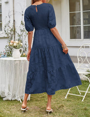 Women's Summer Casual Lace Dress Floral Ruffle Puff Short Sleeve High Waist Midi Beach Dresses - kinko