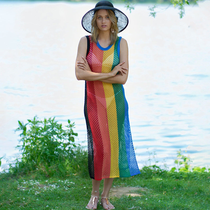 Vest Knit Halter Dress Hollow Out Cutout out Sexy Beach Sun Protection Clothing Vacation Beach Cover Up Swimsuit Outwear - kinko Global Holdings inc